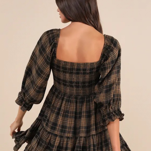 Lulus No One Cuter Black And Tan Plaid Puff Sleeve Tiered Mini Dress - Size S - Picture 2 of 4